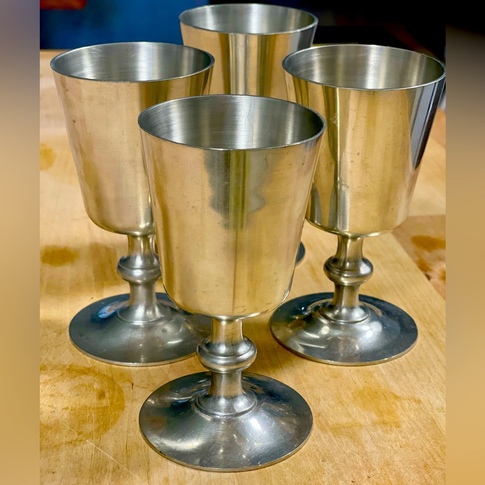 Woodbury Pewterers Set of Four Wine/Water Goblets 4oz with bonus Porringer Vntg